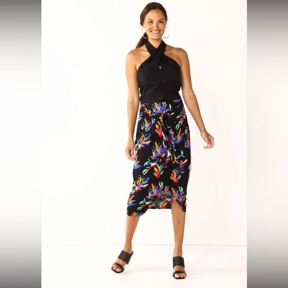Nine West Women Tie-Front Tropical Wrap Sarong Skirt Medium Colorful Midi Flirty - Picture 1 of 10